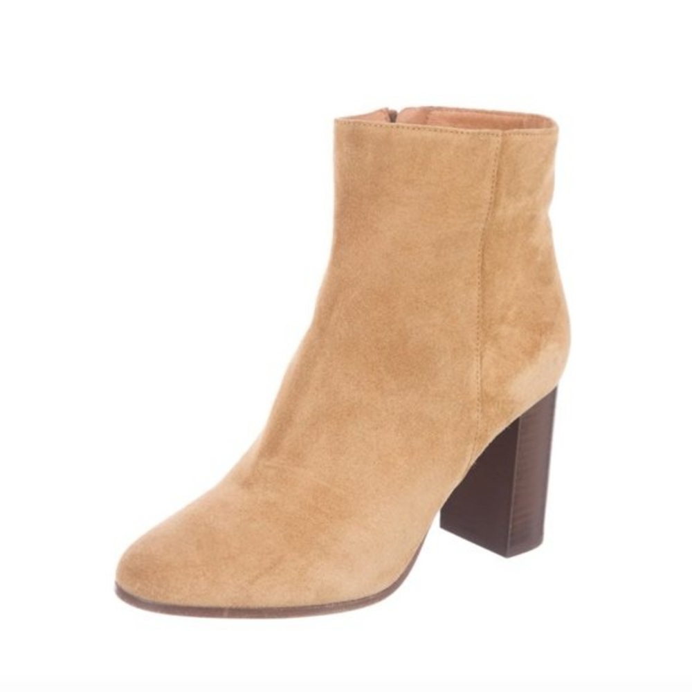 Maje Tan Brown Suede Block Heel Ankle Boots